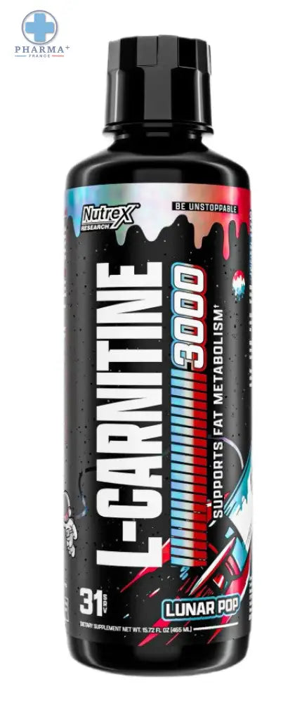 Bouteille noire en plastique nutrex l-carnitine 3000 lunar pop 473 ml avec bouchon noir et étiquette colorée rouge bleu blanc