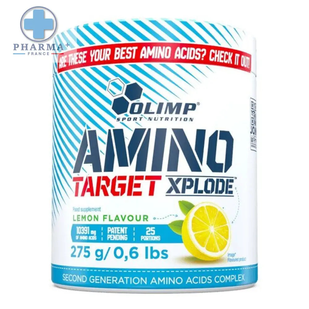 Olimp nutrition amino target xplode poudre citron acides aminés dans un flacon cylindrique blanc et bleu à rayures