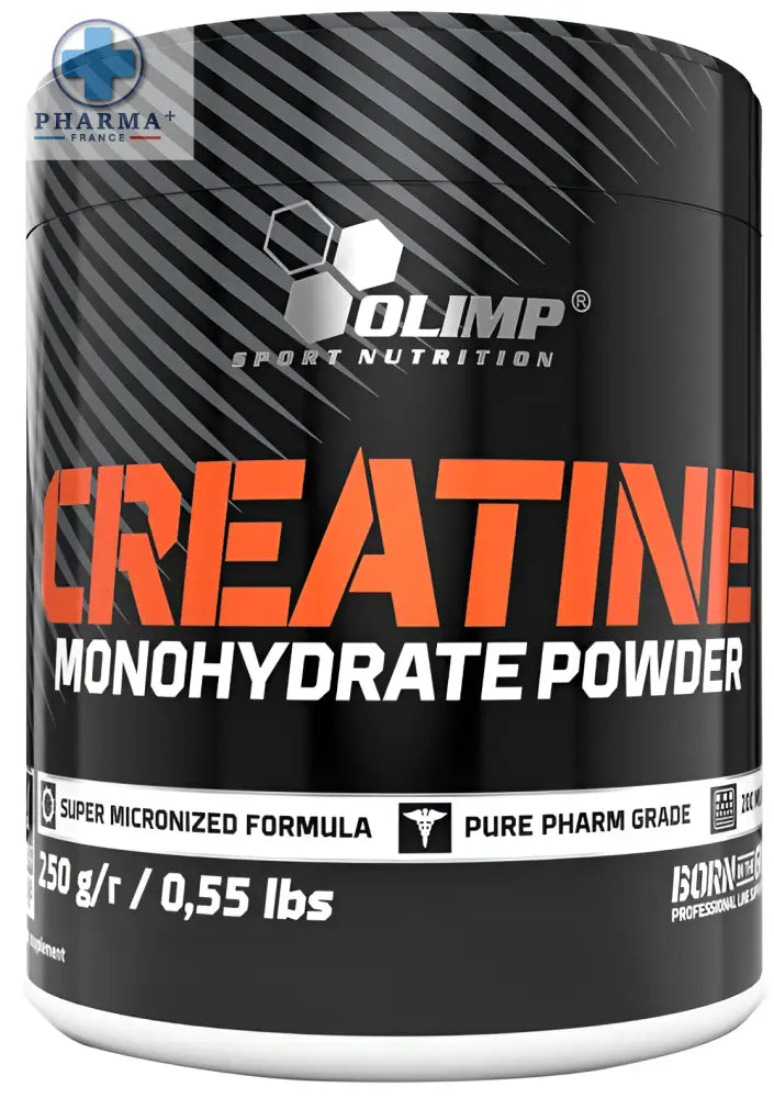 Boîte cylindrique noire de olimp nutrition créatine monohydrate en poudre avec étiquette orange et blanche format pot