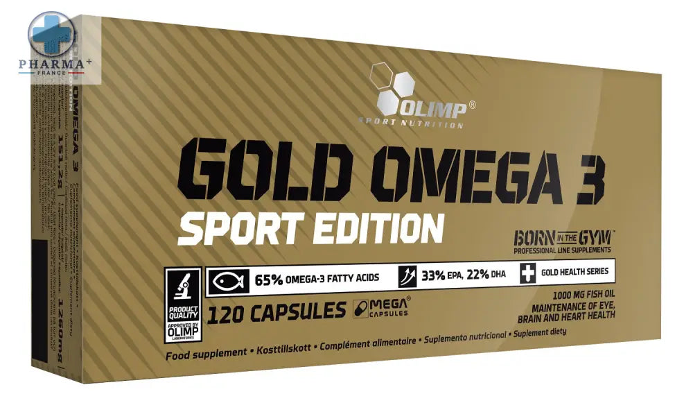 Boîte dorée de capsules de complément alimentaire olimp nutrition gold omega 3 sport edition pour performance sportive