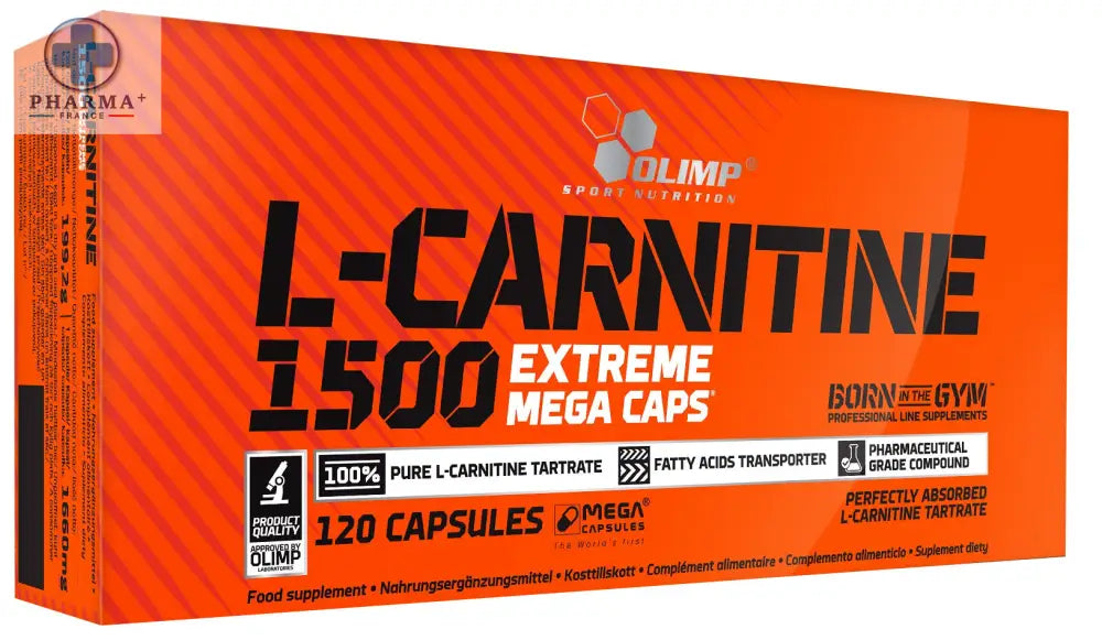 Orange box of olimp nutrition l-carnitine 1500 extreme mega caps with bold black text and hexagonal logo