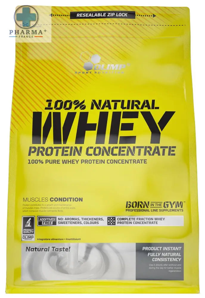 Bright yellow pouch of olimp nutrition natural whey protéine concentrate 100 naturelle with bold black and white text