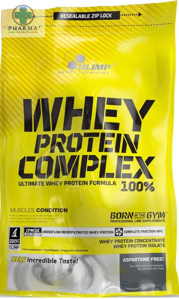 Sachet jaune vif de olimp nutrition whey protein complex de 700 g avec texte noir et zip refermable