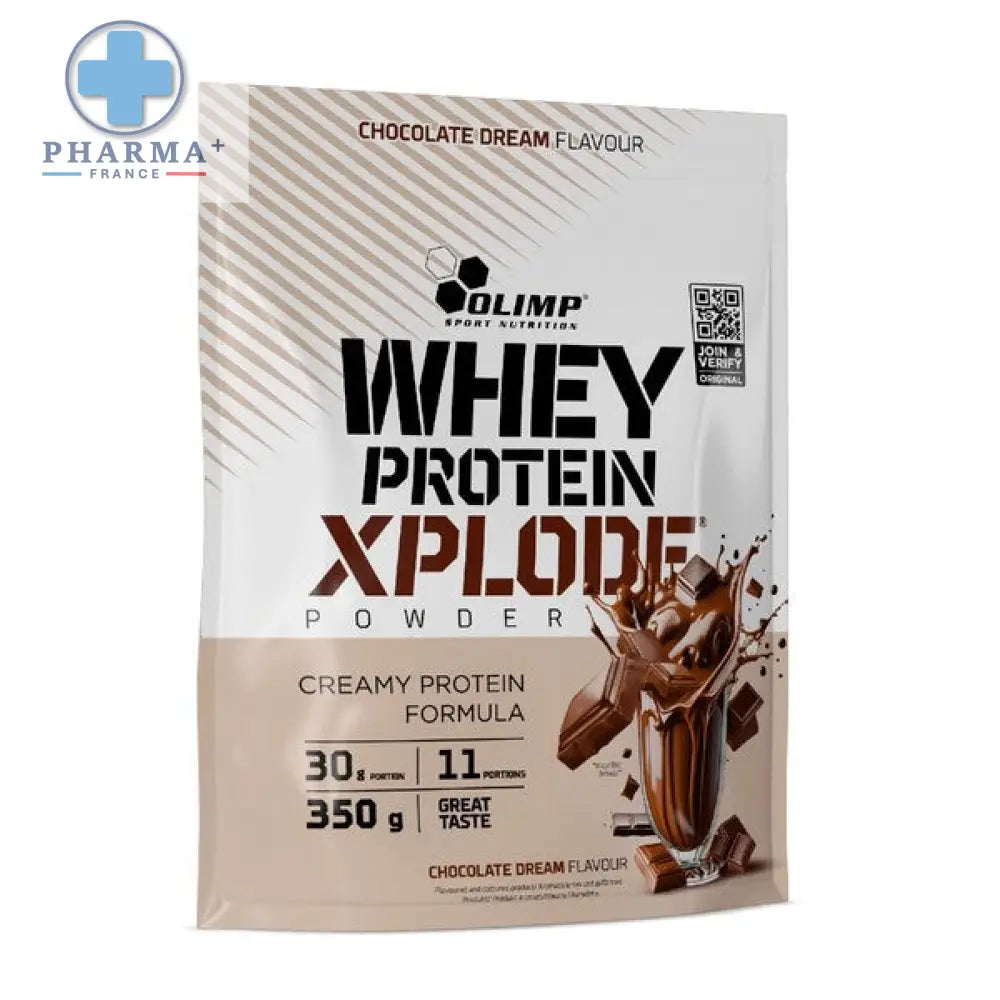 Olimp nutrition whey protéine chocolate dream en sachet blanc et beige avec logo olimp sport nutrition et rayures diagonales
