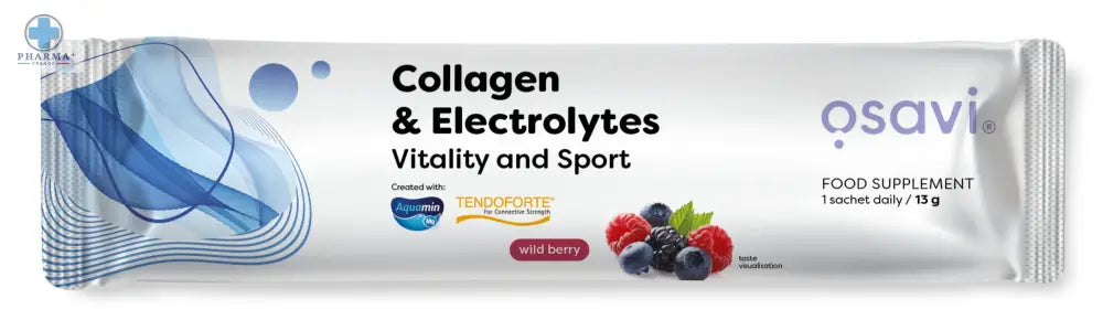 Un sachet argenté en aluminium d’Osavi collagène électrolytes vitalité et sport saveur fruits sauvages avec design bleu moderne