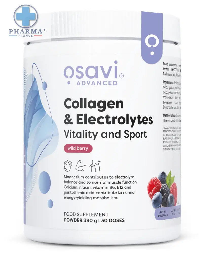 Contenant blanc cylindrique d’osavi collagène et électrolytes vitality and sport 300 g saveur baies sauvages avec étiquette bleue
