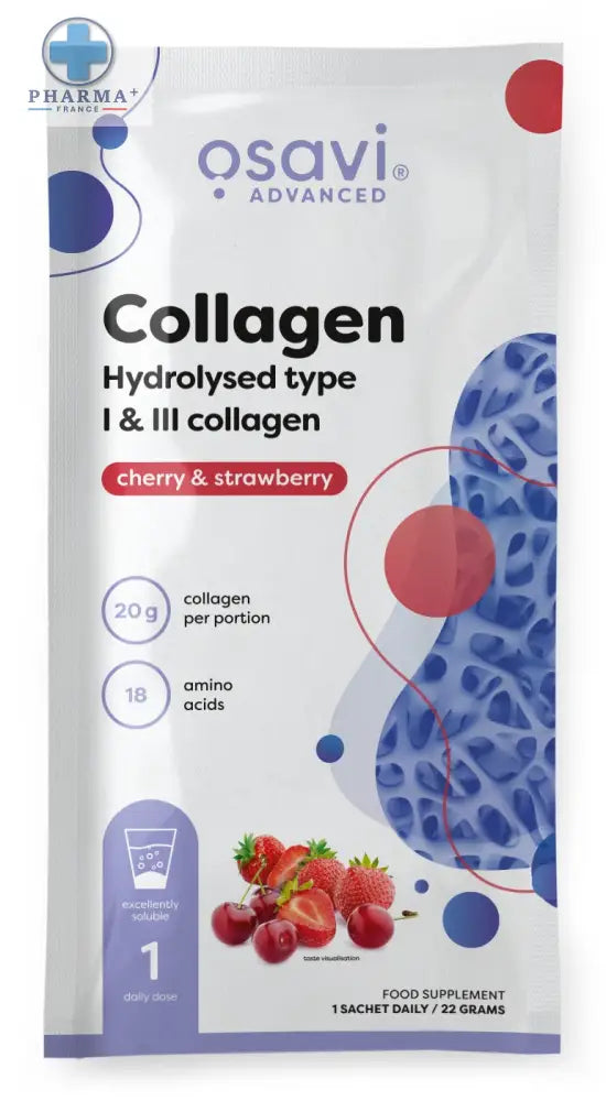 Osavi collagène hydrolysed sachet 300 g type cerise et fraise avec emballage blanc et graphismes abstraits rouges et bleus