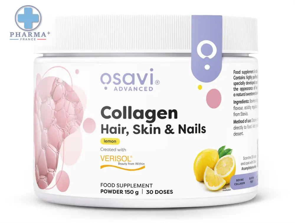 Contenant blanc cylindrique d osavi collagène peptides avancés cheveux peau ongles poudre goût citron avec étiquette violette