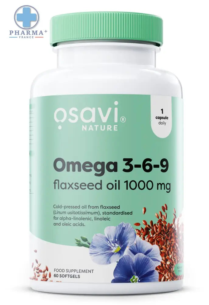 Flacon blanc en plastique avec bouchon vert menthe et étiquette osavi nature omega 3-6-9 huile de lin souvent issus d’huile