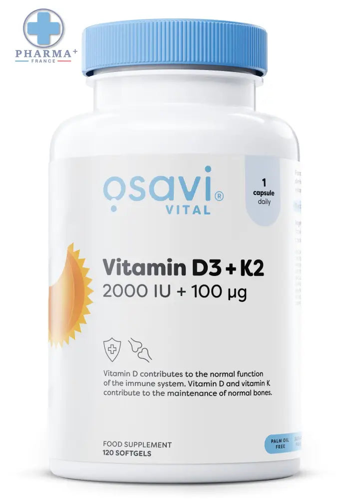 Flacon blanc en plastique avec bouchon bleu osavi complément alimentaire vitaminé d3 k2 60 gélules 2000 iu 100 µg