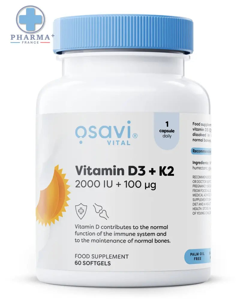 Bouteille blanche en plastique avec capsule bleue et étiquette osavi vital complexe vitaminé découvrez complément alimentaire vitaminé d3 k2 60 softgels