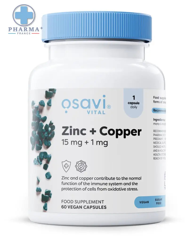 Bouteille blanche en plastique avec capsule bleue osavi vital complément alimentaire à base de zinc 15 mg et cuivre 1 mg