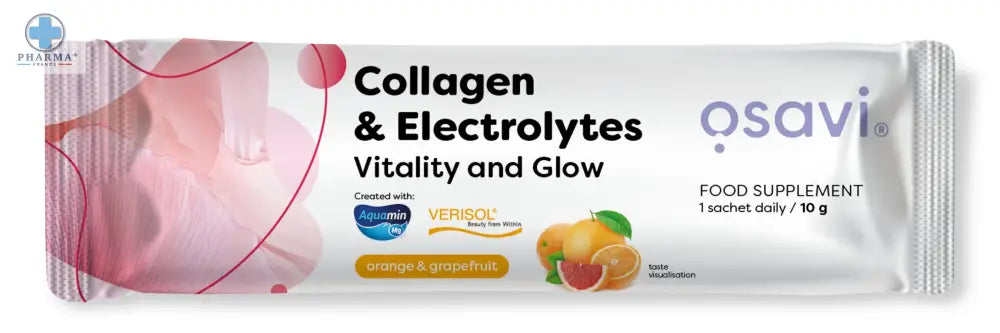 Complément collagen et electrolytes vitality and glow par qsavi en emballage blanc et rose saveur orange pamplemousse 300 g