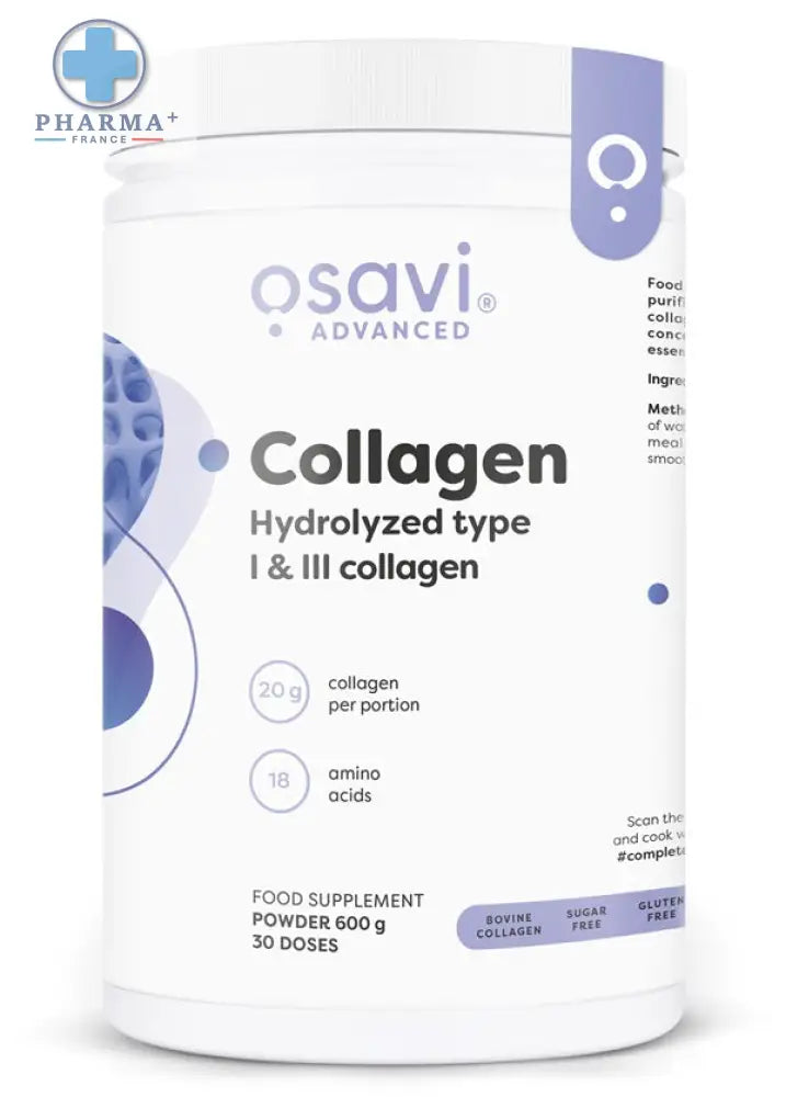 White cylindrical container of osavi complément collagène hydrolysed type i et iii poudre with purple accents on the label