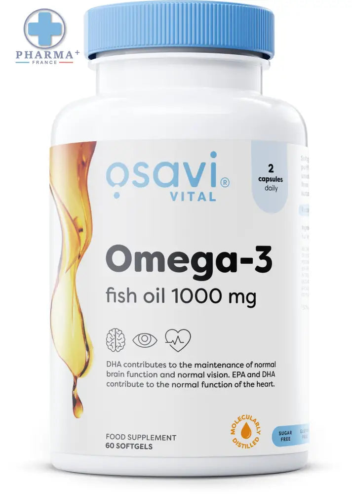 Bouteille blanche en plastique avec bouchon bleu contenant poisson molecularly distilled osavi vital omega 3 fish oil 1000 mg