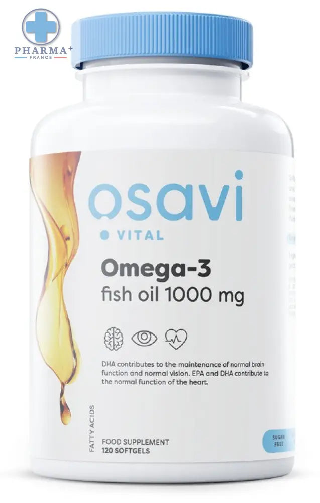 Bouteille plastique blanche avec bouchon bleu et label osavi vital omega 3 poisson molecularly distilled 1000 mg en gélules molles