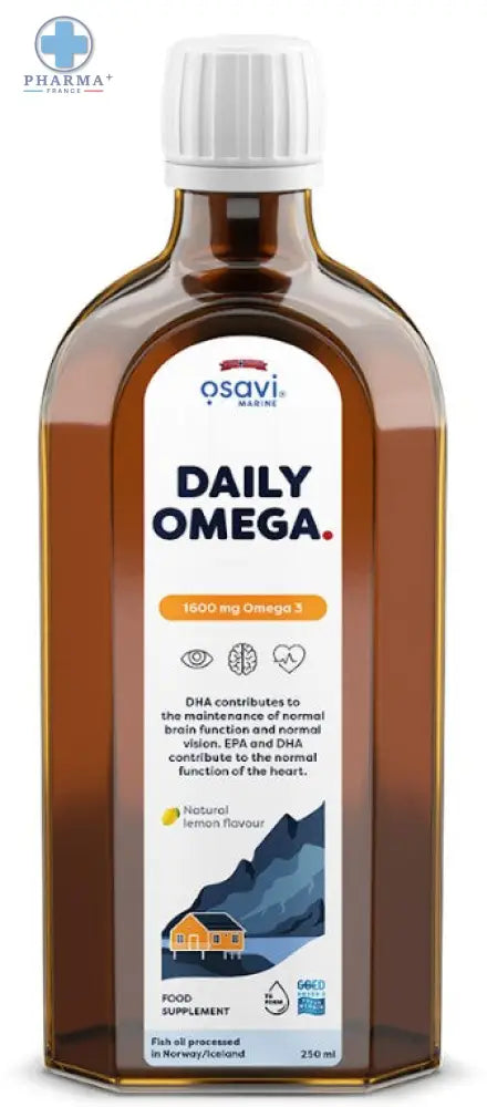 Bouteille en verre brun avec capsule blanche et étiquette osavi daily oméga 3 marine 1600 mg 250 ml goût citron naturel
