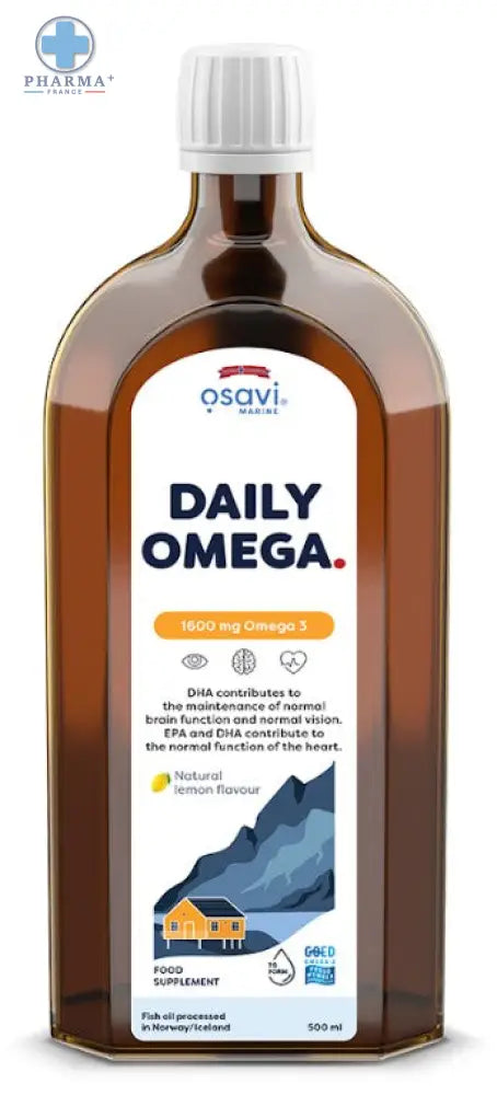Bouteille en verre brun osavi daily oméga 500 ml avec bouchon blanc et huile de poisson saveur citron naturel