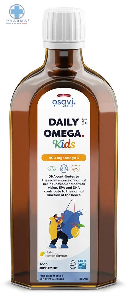 Brown glass bottle with white cap and label featuring osavi daily oméga kids branding in blue and green text natural lemon flavor