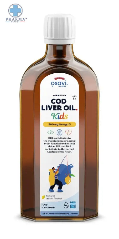 Bouteille en verre ambre dhuile de foie de morue norvégienne osavi pour enfants avec bouchon blanc et étiquette colorée