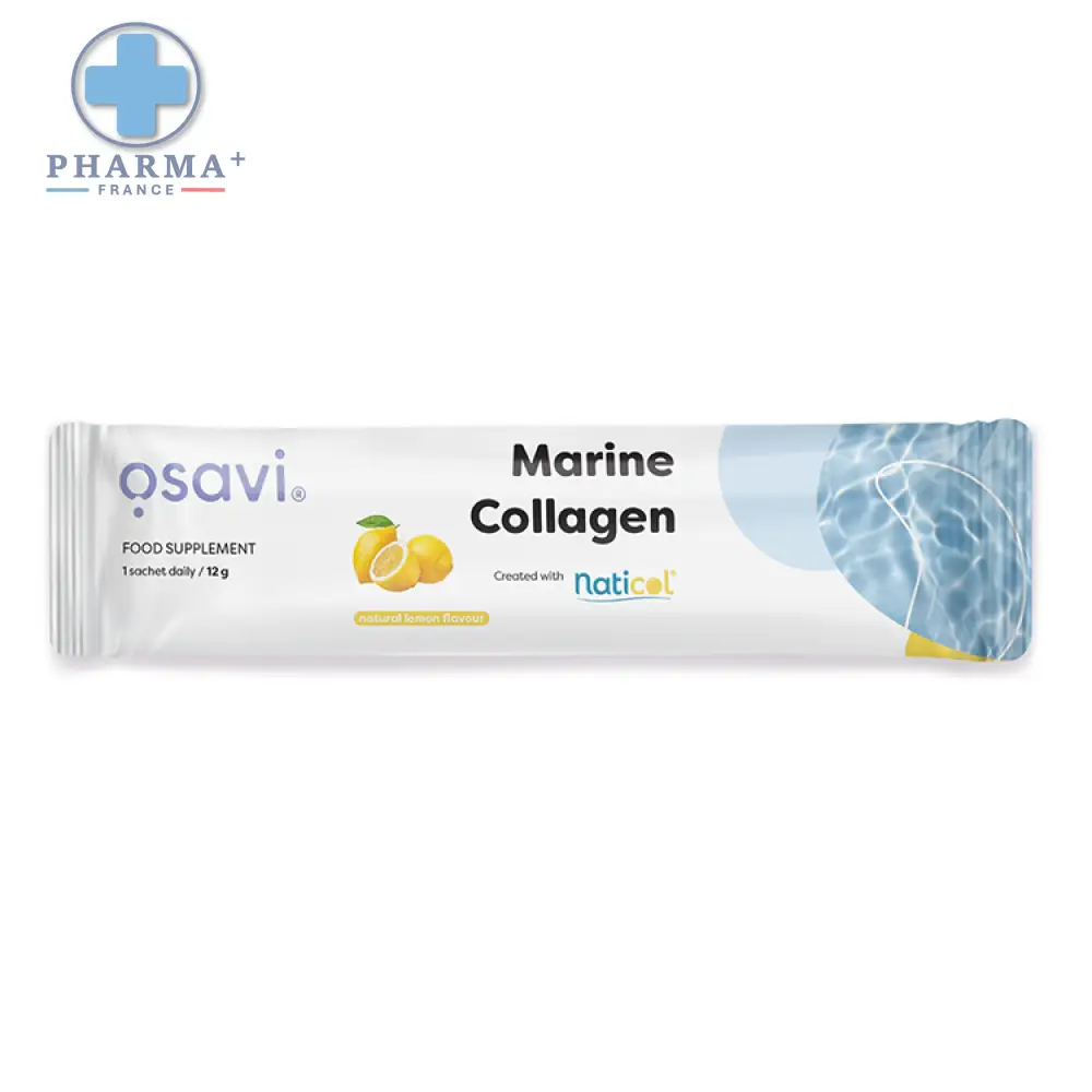 Un paquet élégant blanc et bleu d osavi marine collagène goût citron avec illustration de citrons et ondulations d eau