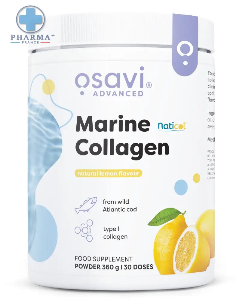 Container blanc cylindrique d’osavi marine collagène poudre saveur citron naturel avec bande violette et image de citron