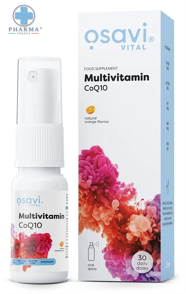 Flacon pulvérisateur blanc osavi multivitamin coq10 avec capuchon transparent et étiquette florale rose multivitamin coq10 oral spray