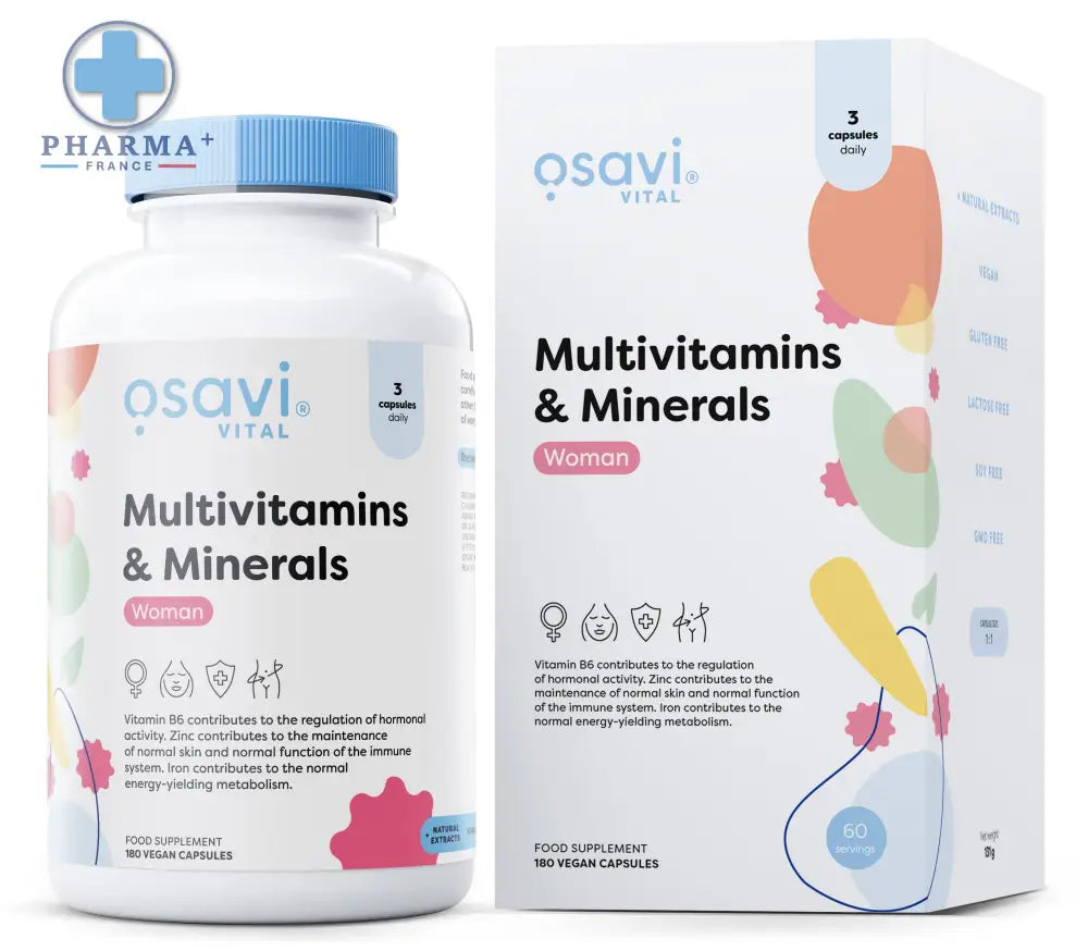 Bouteille blanche en plastique avec capsule bleue et design floral osavi multivitamins minerals woman complexe vitaminé 180 gélules