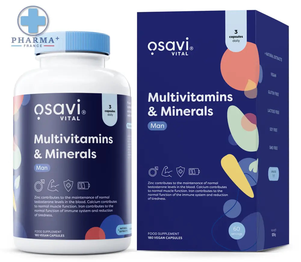Bouteille bleue et blanche osavi multivitamins minerals man avec complexe vitaminé découvrez 60 gélules homme