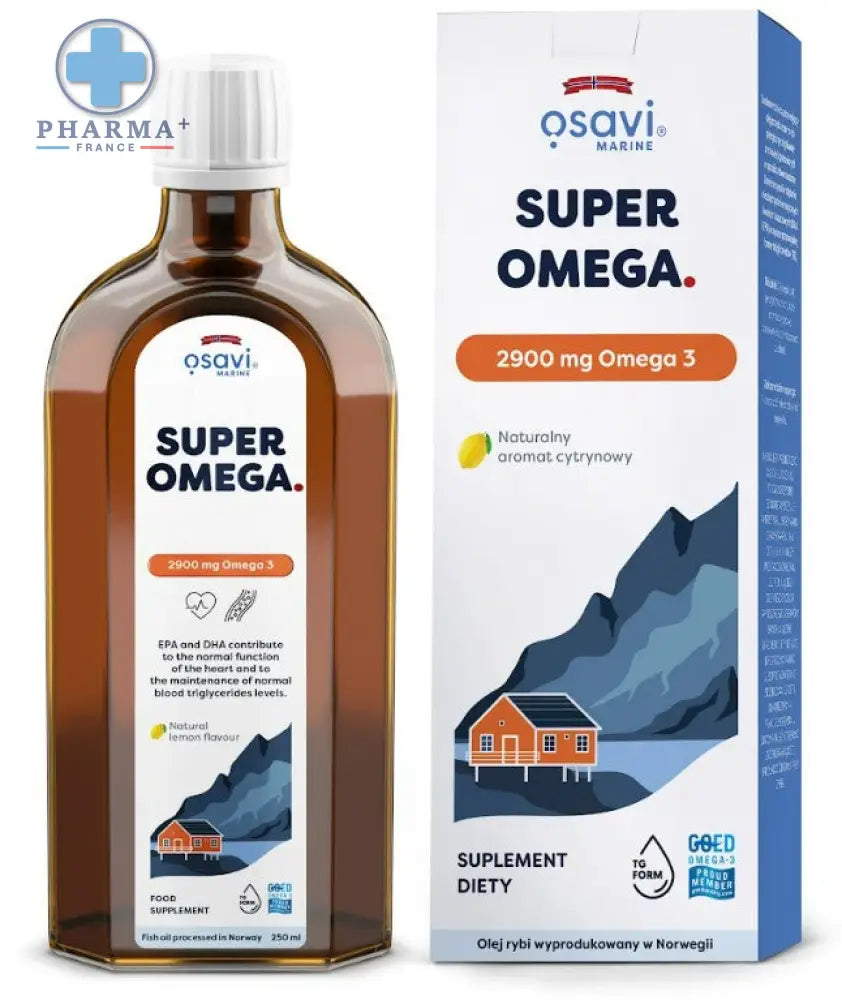 Flacon en verre marron osavi super oméga 3 citron 2900 mg avec bouchon blanc et étiquette détaillant omega-3 naturel