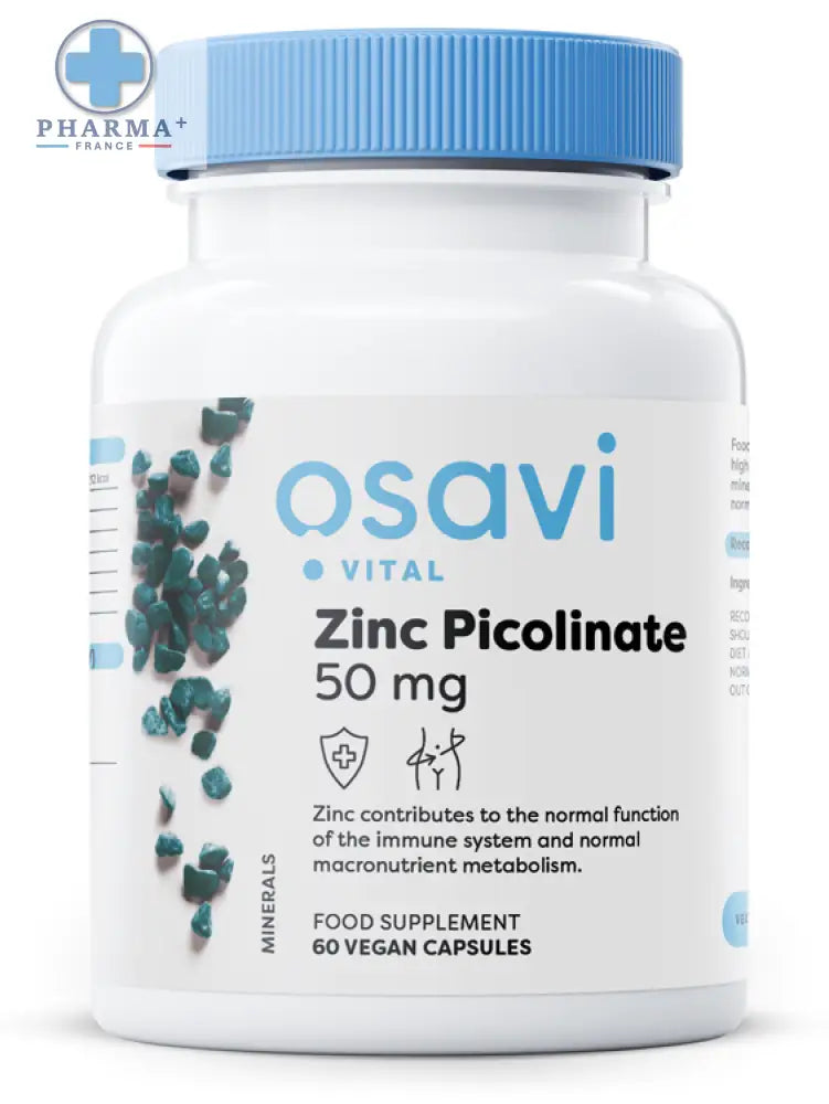 Bouteille blanche en plastique avec bouchon bleu et étiquette osavi zinc picolinate 50 mg 60 gélules vegan
