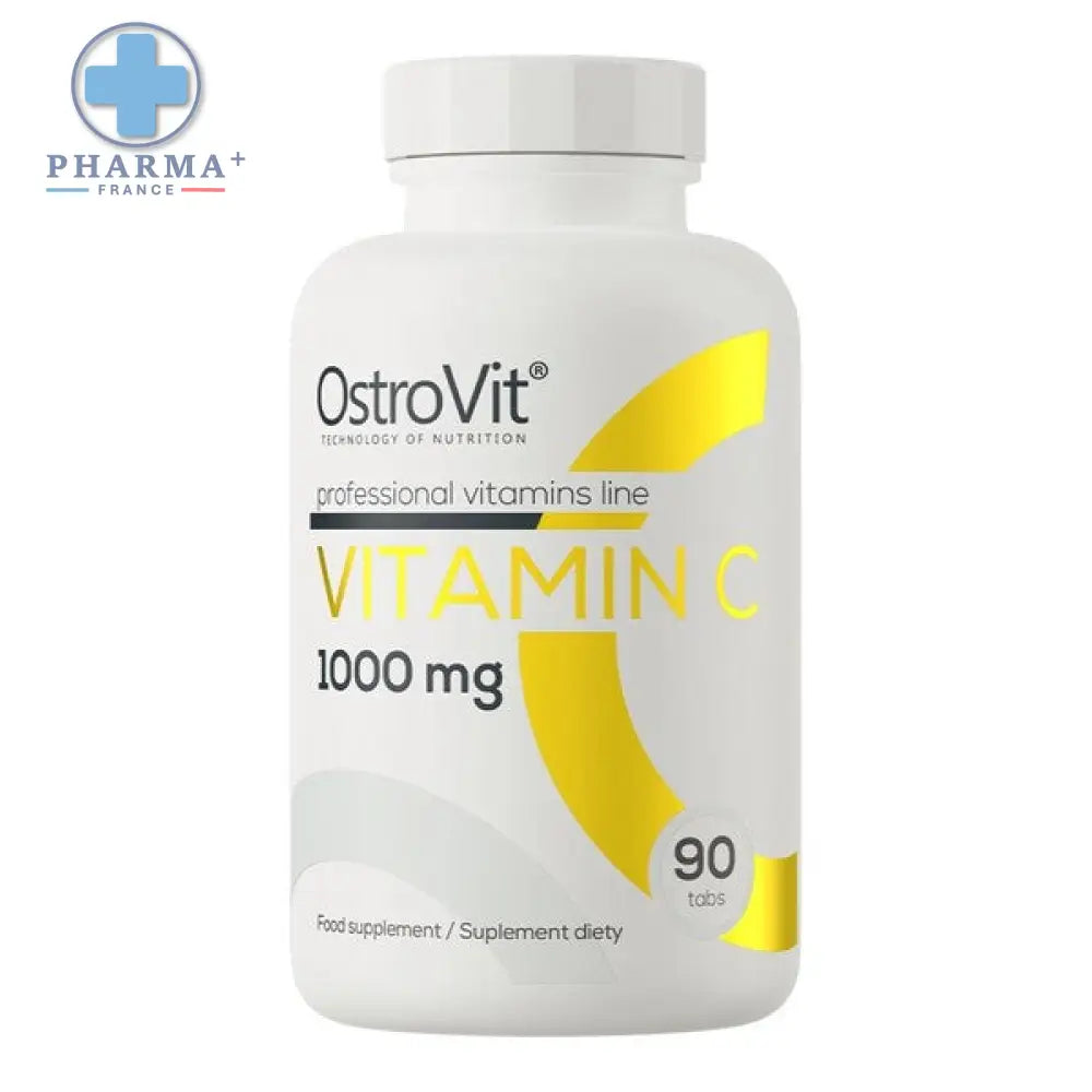 Bouteille en plastique blanc de complément alimentaire vitaminé ostrovit vitamine c 1000 mg 90 comprimés avec design jaune