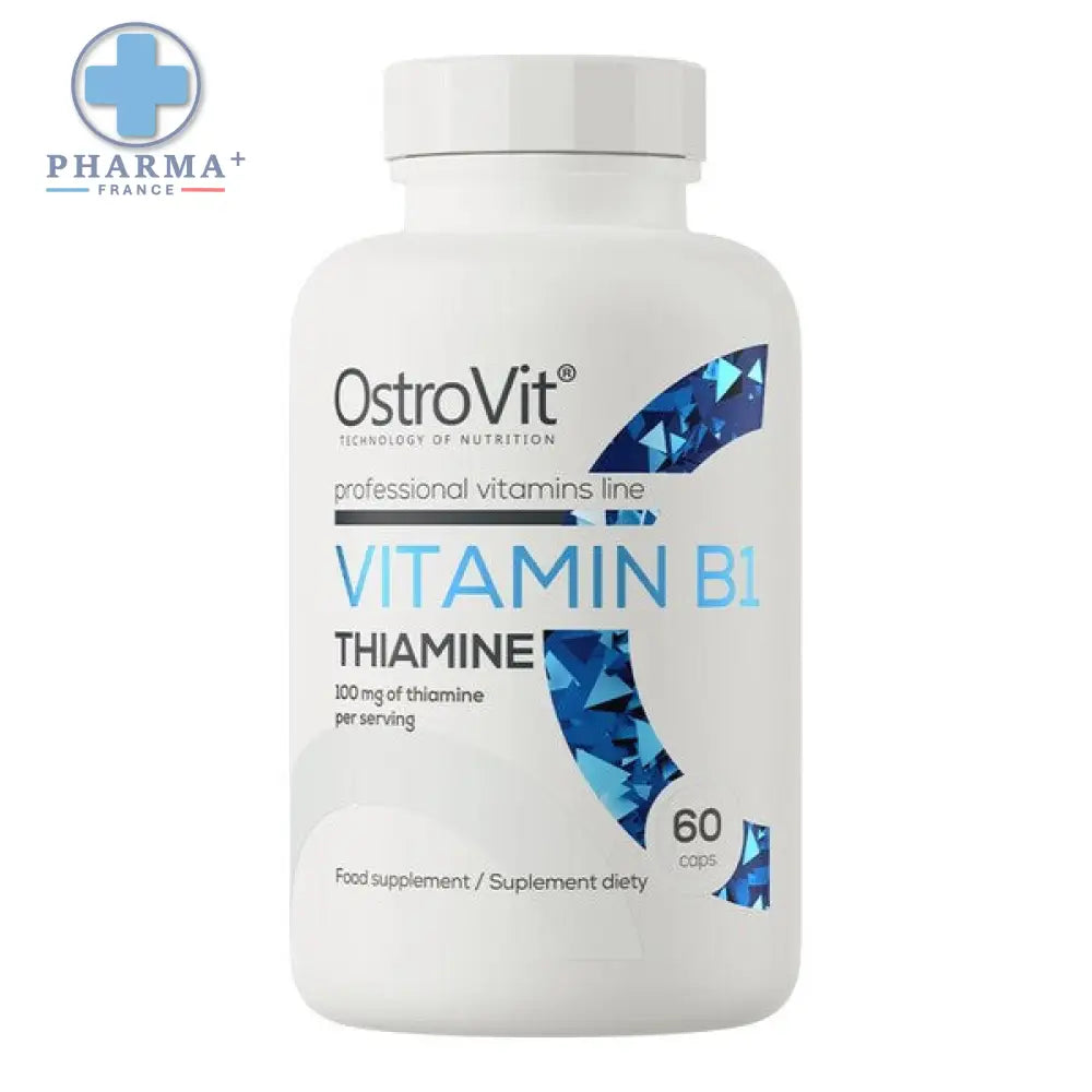 Flacon blanc en plastique de ostrovit vitamine b1 thiamine avec étiquette bleue géométrique 60 gélules