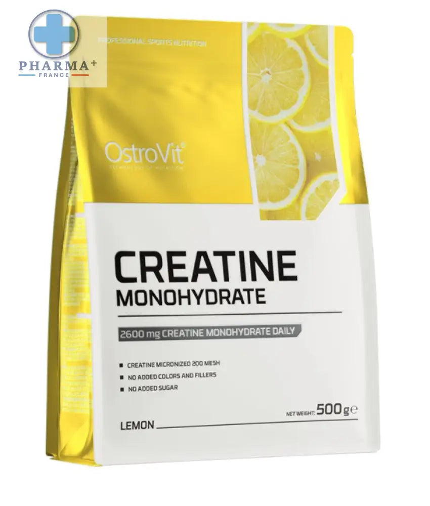 Poche jaune et blanche d’ostrovit créatine monohydrate goût citron 500 g poids net pour supplément sportif