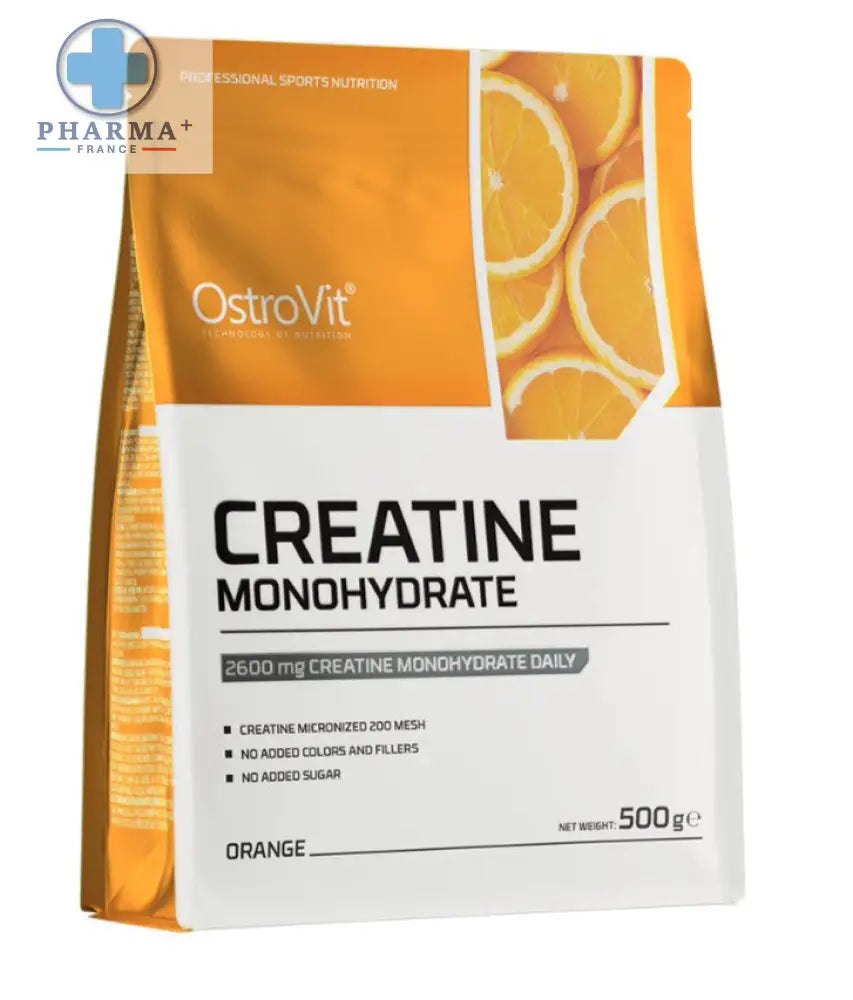Poudre d ostrovit créatine monohydrate saveur orange en sachet refermable de 500 g pour sport et performance