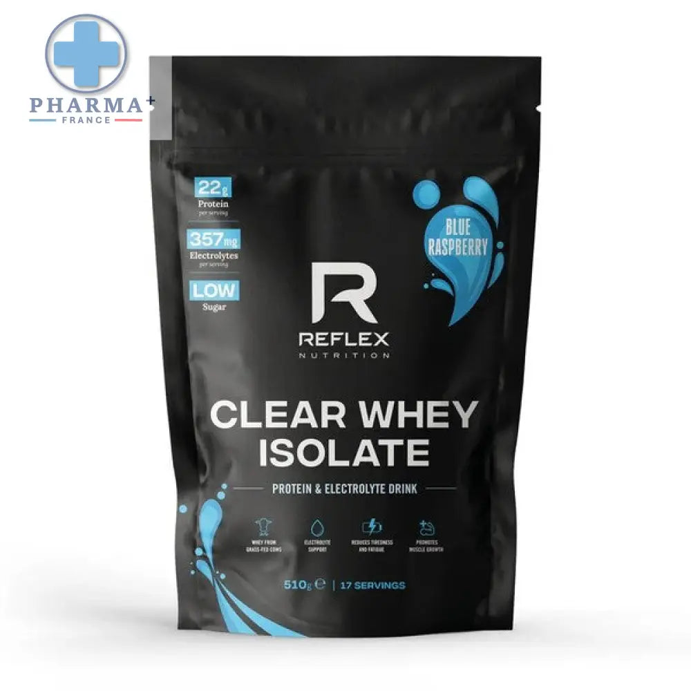 Black pouch of reflex nutrition clear whey isolate blue raspberry flavor 1.5kg for clear protein supplement