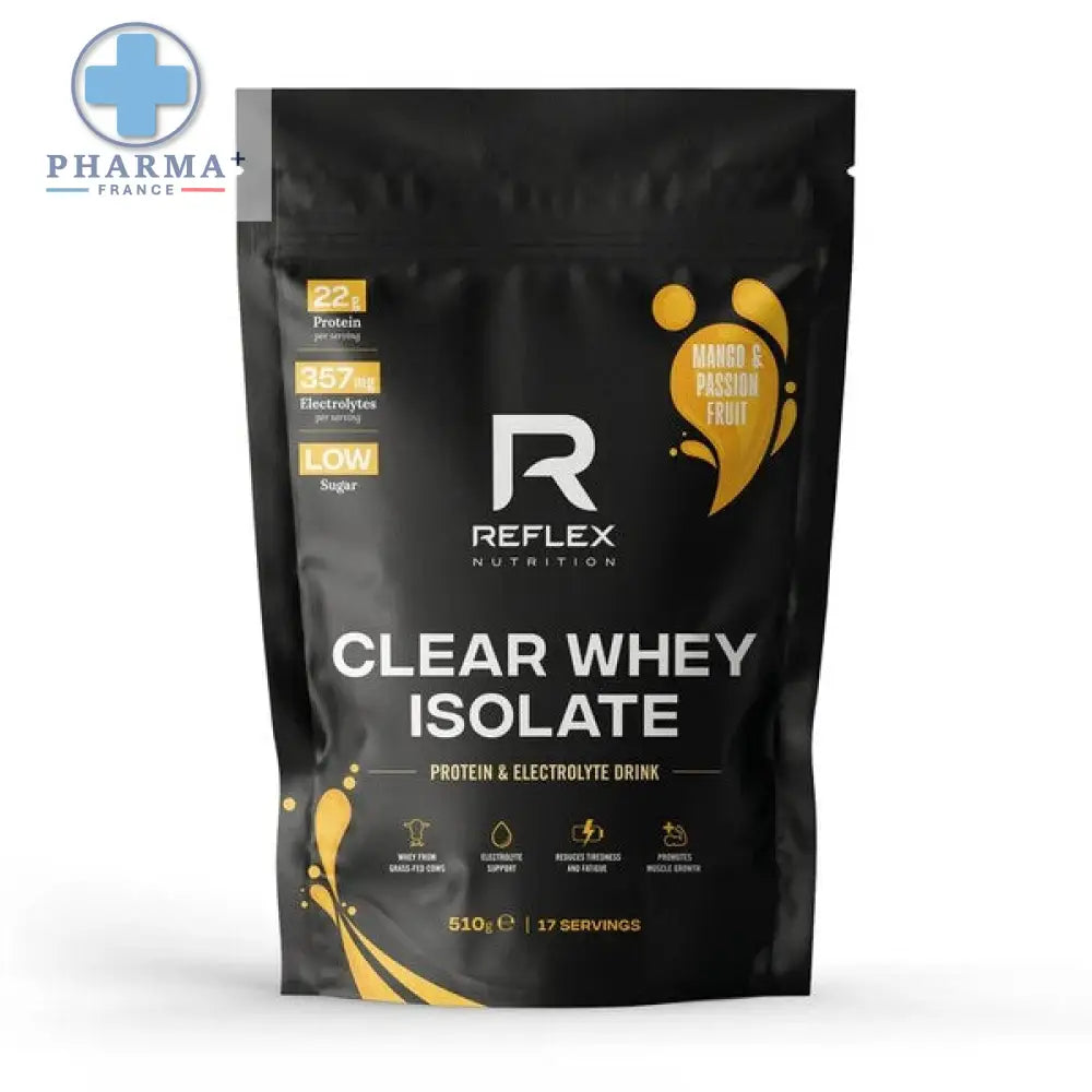 Pochette noire reflex nutrition clear whey isolate protéine et boisson électrolyte saveur mangue et passion fruit 500 g