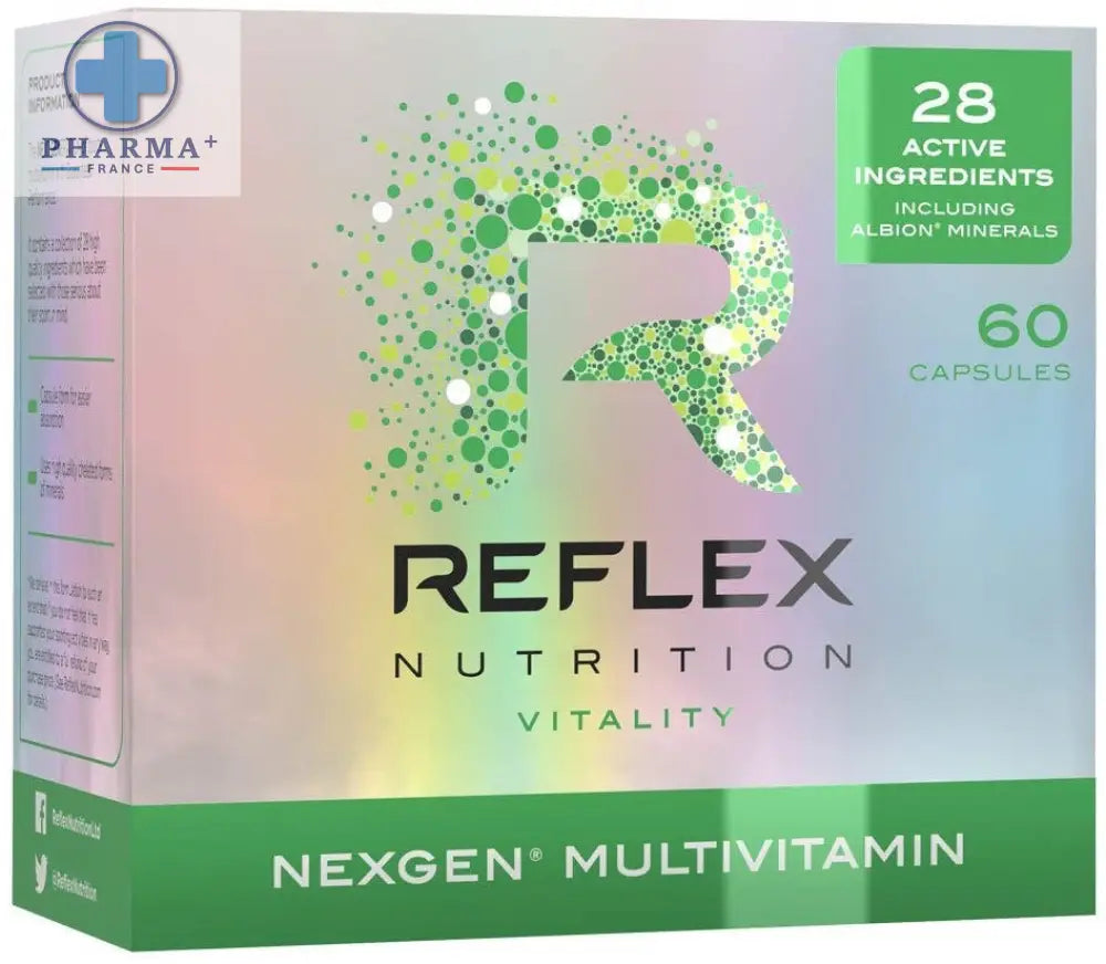 Boîte verte et blanche de reflex nutrition nexgen multivitamines sportives 60 gélules avec logo r stylisé en points verts