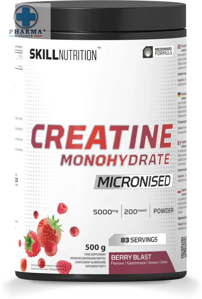 Contenant blanc cylindrique avec couvercle noir et étiquette skill nutrition créatine monohydrate berry blast micronisée 500 g