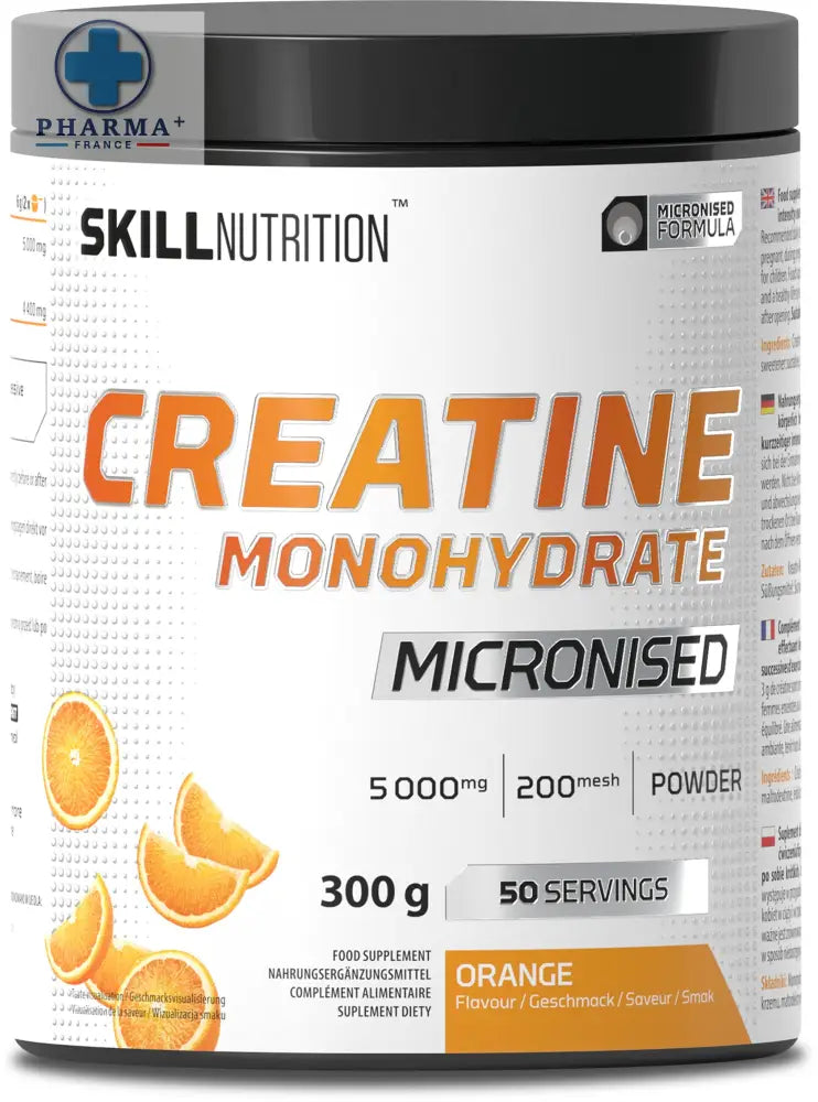 Skill nutrition créatine monohydrate micronisée orange 300 g en poudre avec formule micronisée et lid noir