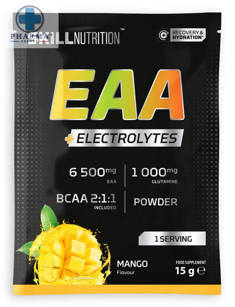 Pochette noire et jaune de skill nutrition eaa électrolytes en poudre saveur mangue pour nutrition sportive