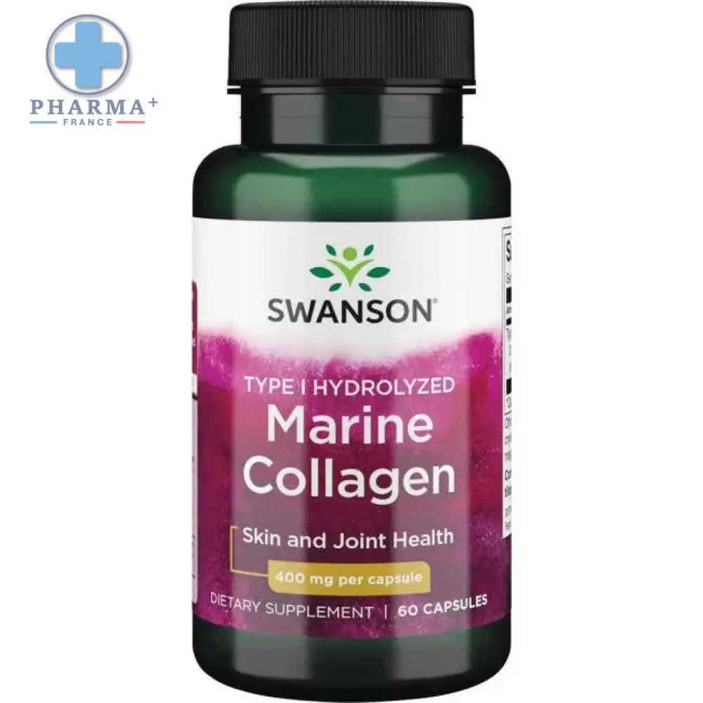 Bouteille verte foncée de swanson type hydrolyzed marine collagène avec étiquette violette et blanche contenant 60 capsules