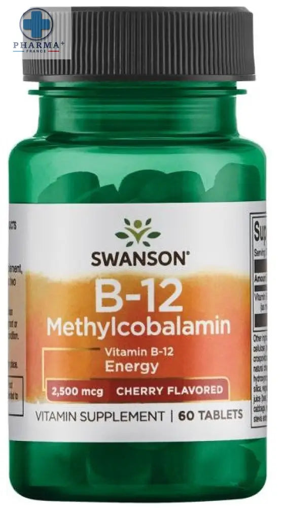 Bouteille verte en plastique avec bouchon noir de vitamine b-12 méthylcobalamine 2500mcg saveur cerise swanson vitamine