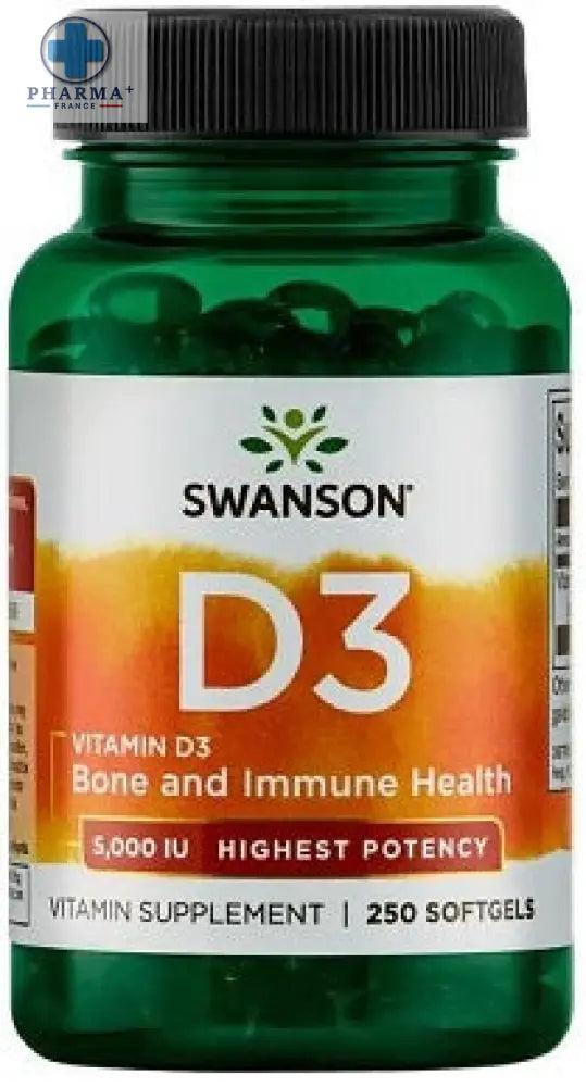 Bouteille verte avec capsules molles swanson vitamine d-3 contenant 250 softgels pour supplémentation