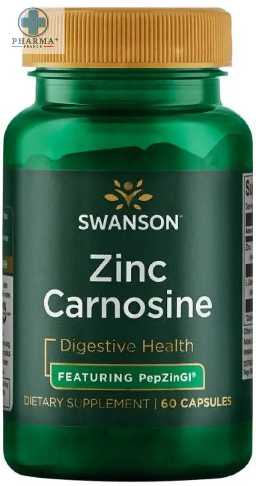 Bouteille verte en plastique avec bouchon jaune ribbé swanson zinc carnosine pour la santé digestive 60 gélules