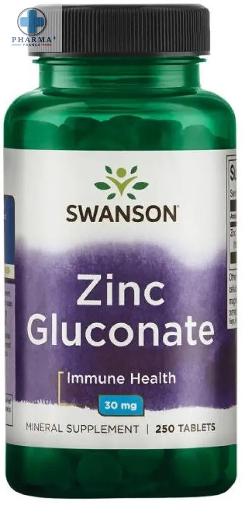 Bouteille en plastique verte avec bouchon noir et étiquette violette swanson zinc gluconate complément alimentaire 30 mg 250 comprimés