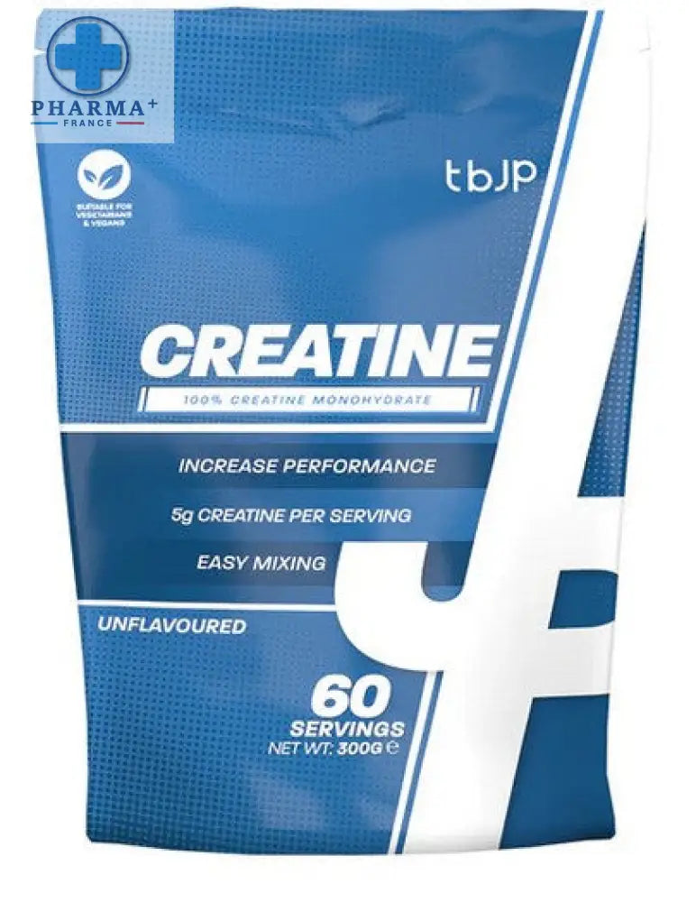 Pochette bleue et blanche de créatine monohydrate tbjp complément alimentaire destiné aux sportifs 60 portions non aromatisé