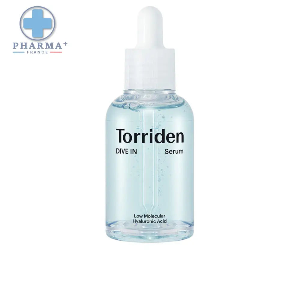 Flacon en verre clair avec pipette blanche contenant sérum torriden dive-in hyaluronique hydratant bleu clair 50 ml acide hyaluronique