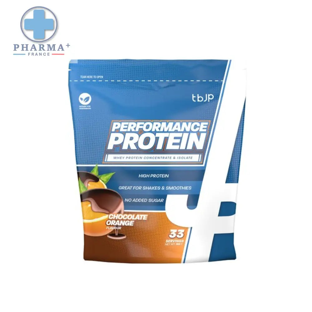 Pochette bleue et blanche de performance protéine chocolat orange tbjp avec illustration dorange au chocolat pour nutrition sportive protéinée