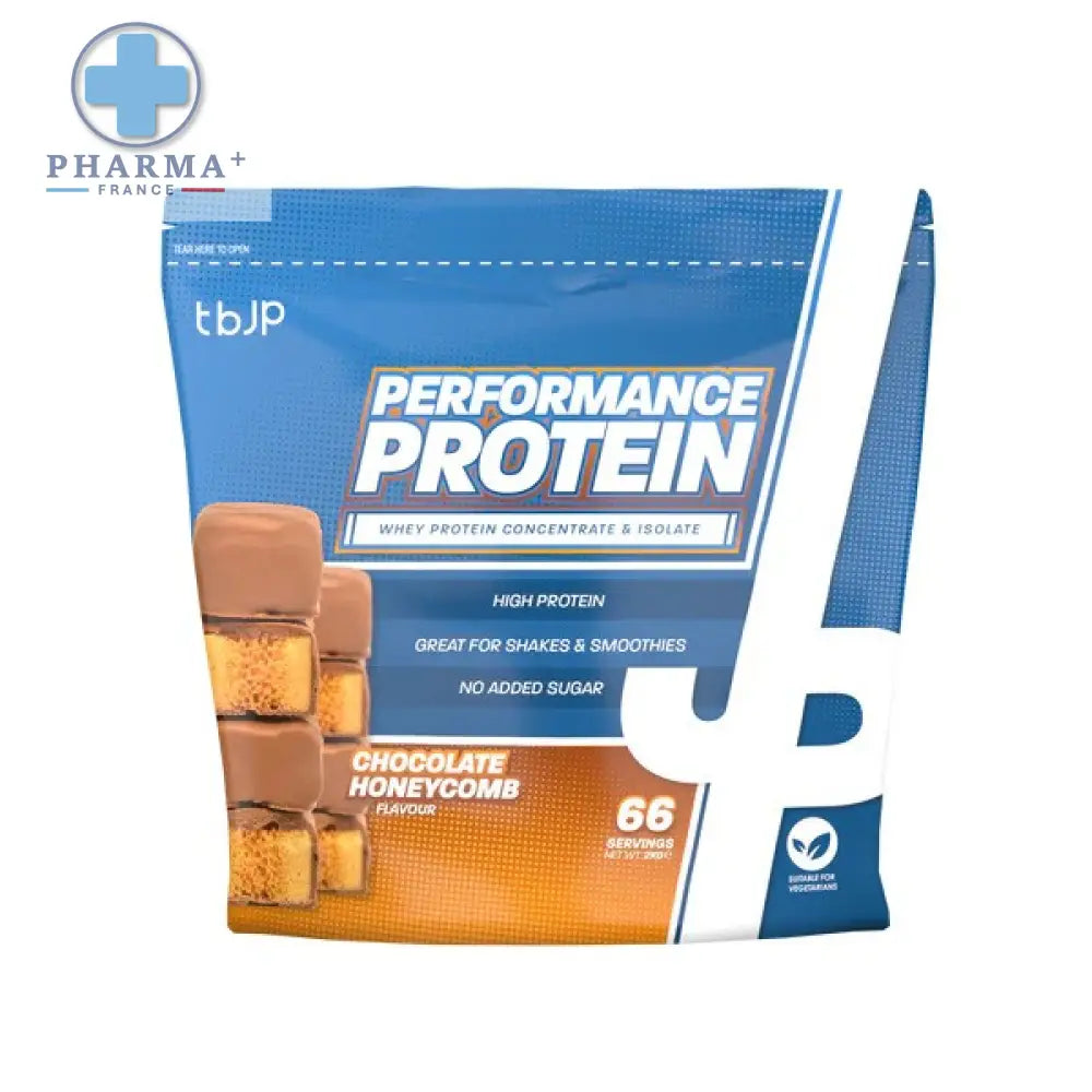 Pack de 2 kg de performance protéine chocolate honeycomb tbjp en emballage bleu et blanc pour nutrition sportive protéinée